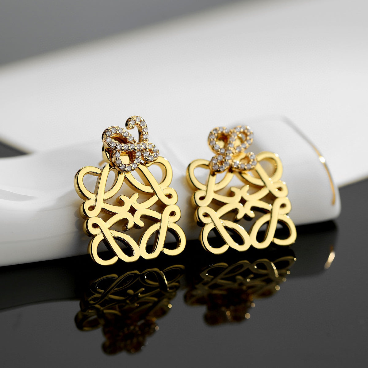 Floral Motif Stud Earrings in Gold-Tone with Crystal-Style Accents – Design 01 front view