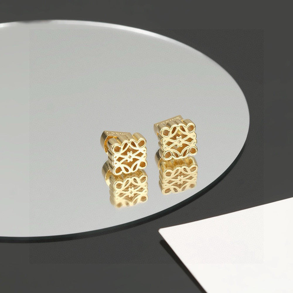 Floral Motif Stud Earrings in Polished Metal-Tone – Design 01 front view