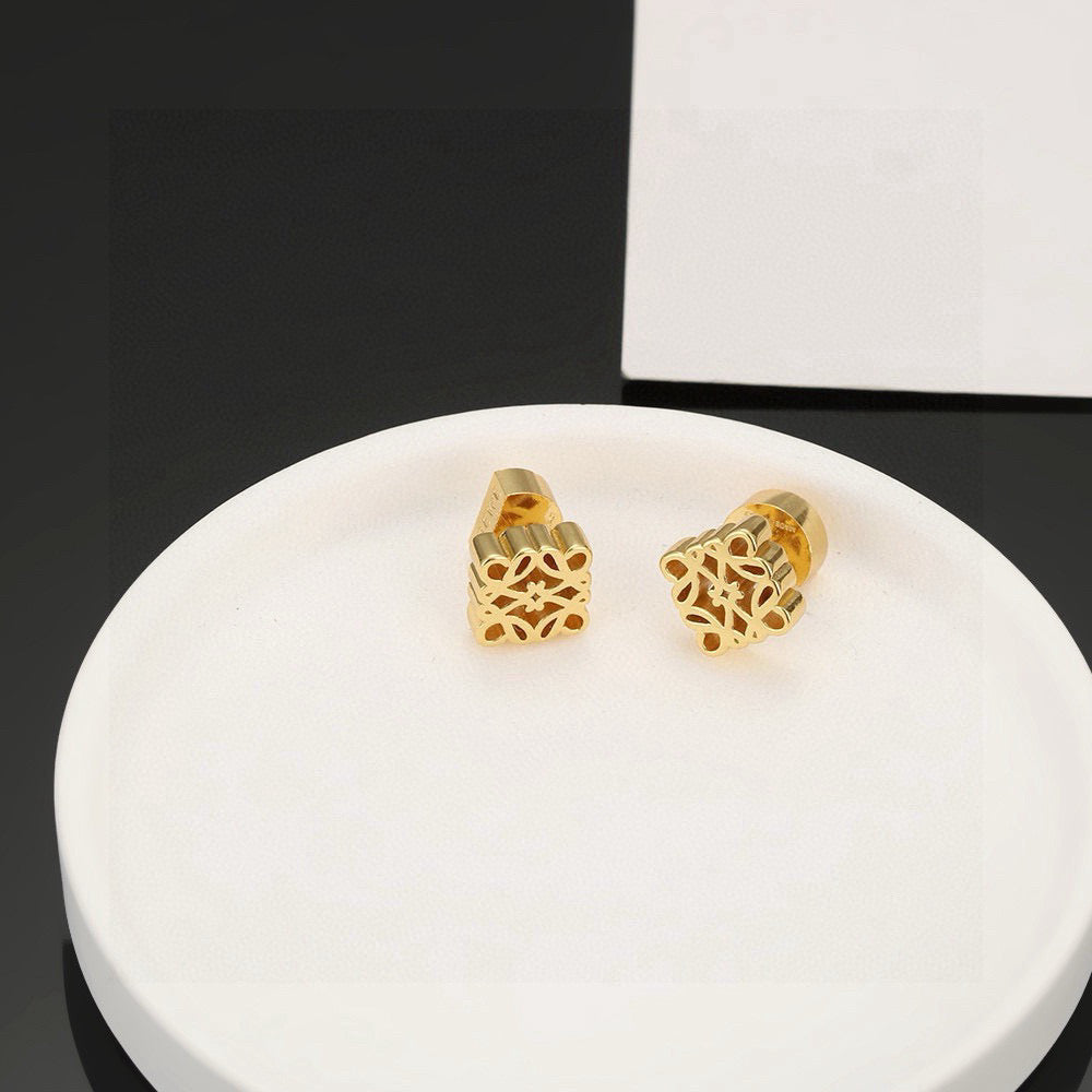 Floral Motif Stud Earrings in Polished Metal-Tone – Design 01 front view