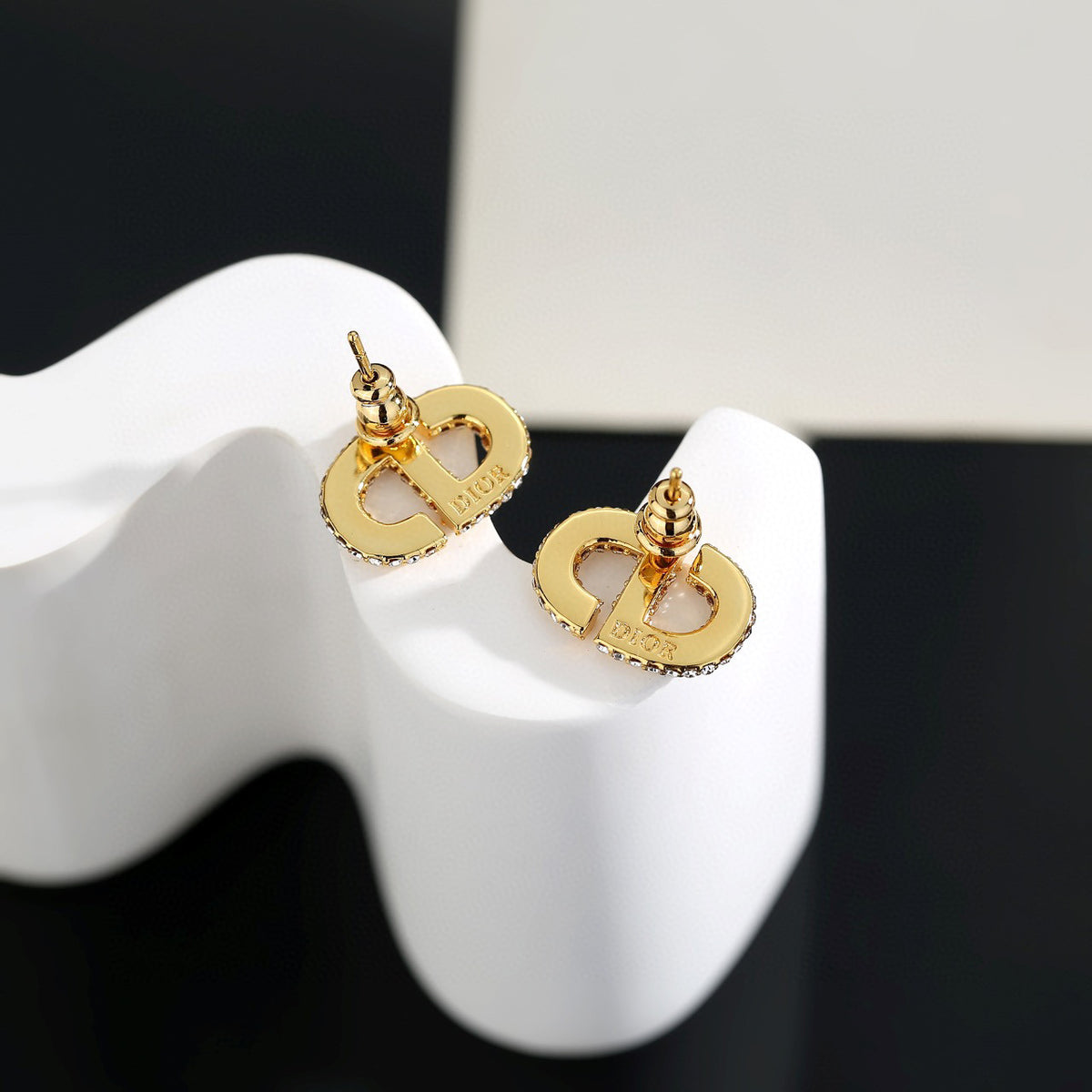 Graphic Letter Motif Stud Earrings in Polished Metal-Tone with Vintage-Style Finish – Design 005 detail view
