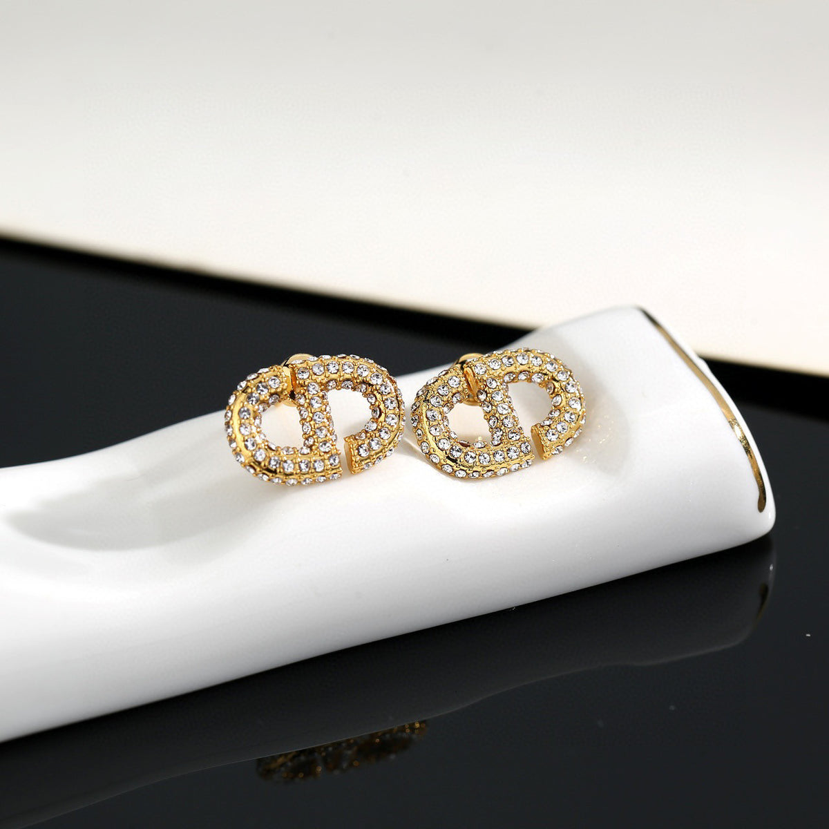 Graphic Letter Motif Stud Earrings in Polished Metal-Tone with Vintage-Style Finish – Design 005 side detail
