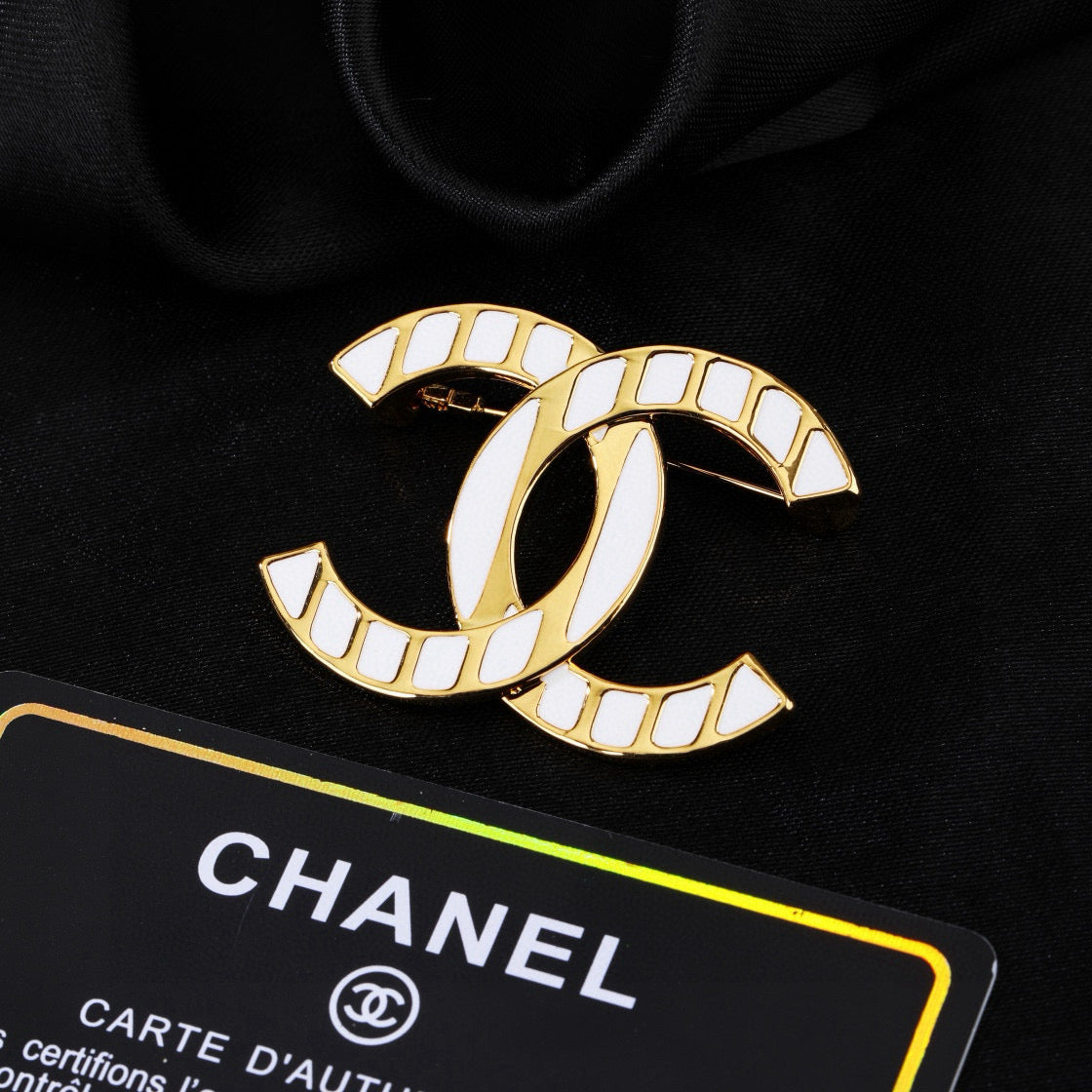 Double-C Emblem Brooch in Polished Metal-Tone – Design 012 detail view