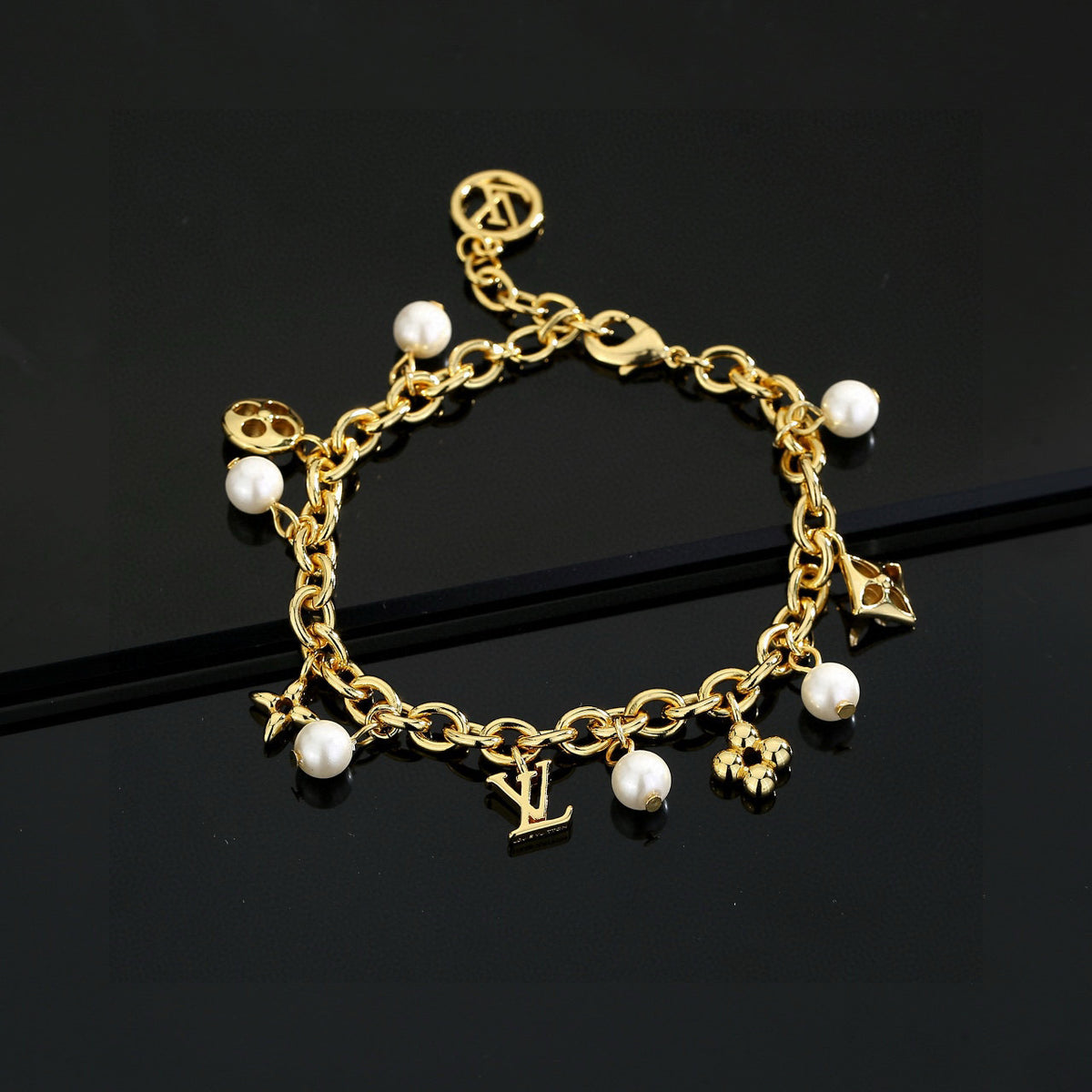 Letter Emblem Bracelet in Polished Metal-Tone – Design 006 close-up detail