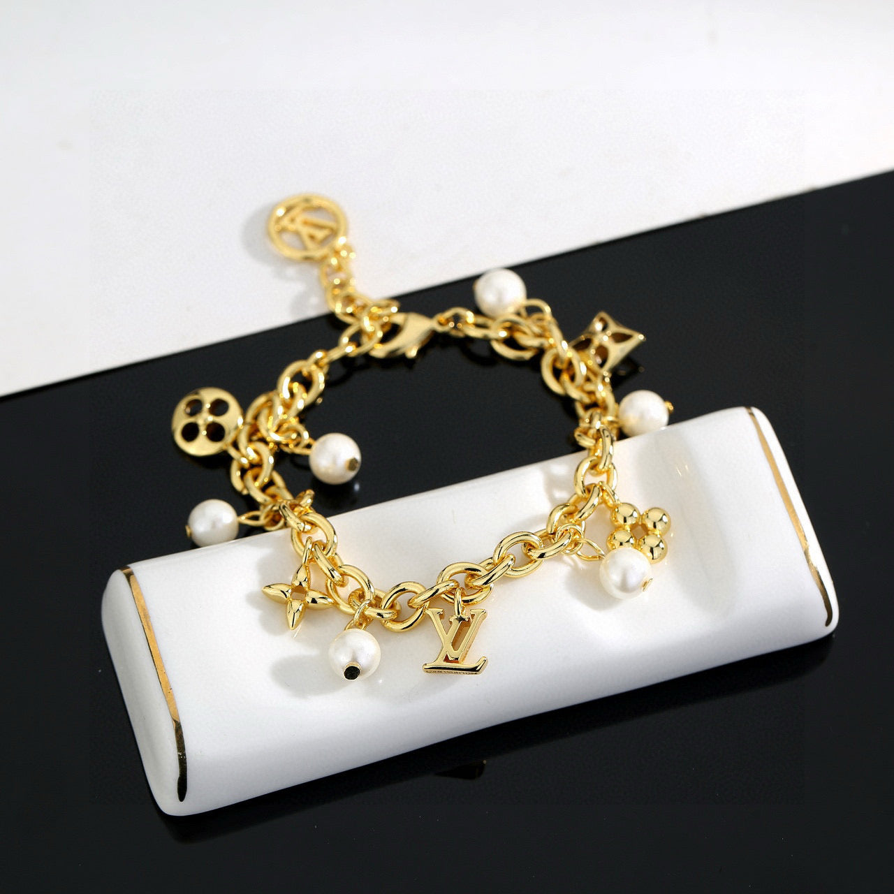 Letter Emblem Bracelet in Polished Metal-Tone – Design 011 side detail