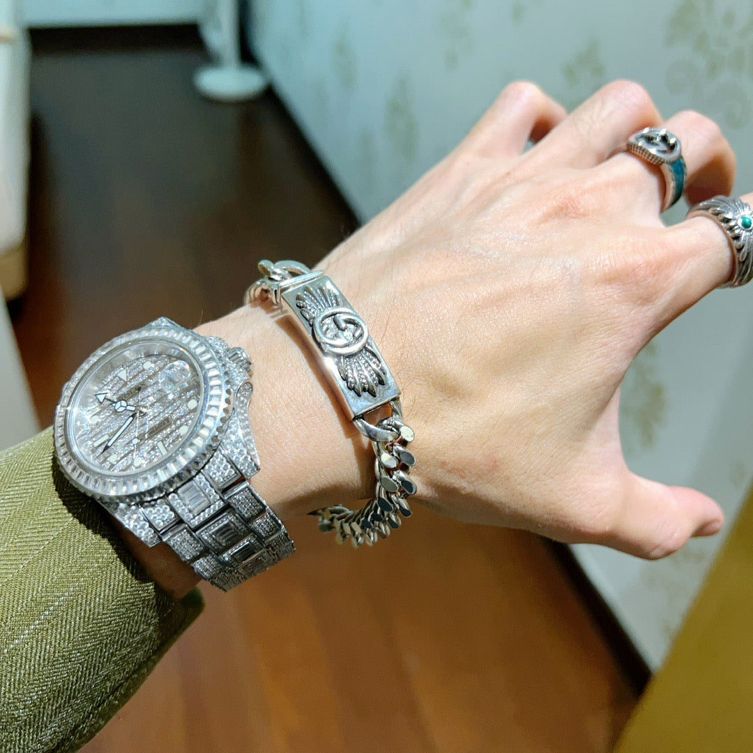 Geometric Emblem Bracelet in Polished Metal-Tone – Design 018 side detail