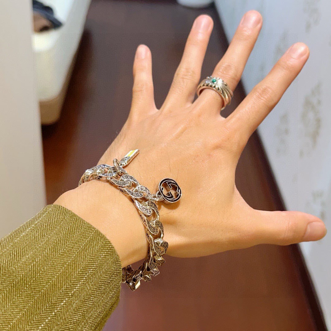 Geometric Emblem Bracelet in Polished Metal-Tone – Design 055 detail view