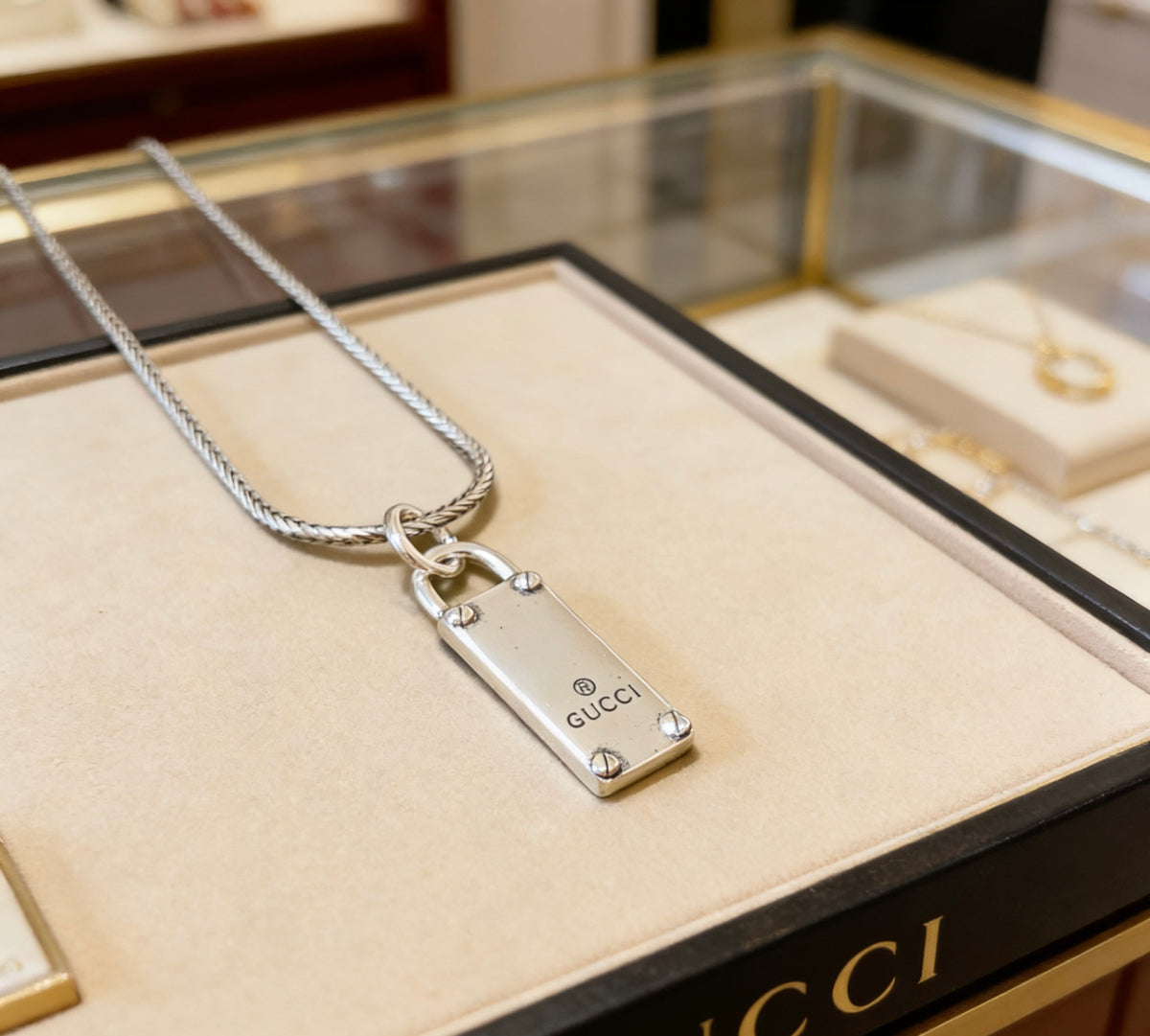 Double-G Emblem Pendant Necklace in Polished Metal-Tone – Design 033 front product view