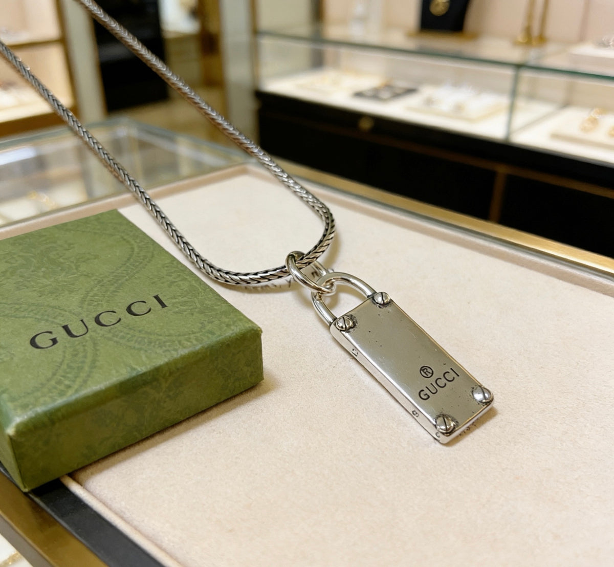 Double-G Emblem Pendant Necklace in Polished Metal-Tone – Design 108 styled product view