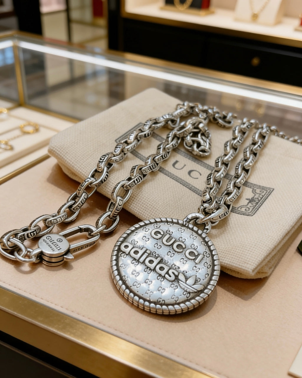 Double-G Emblem Pendant Necklace in Polished Metal-Tone – Vintage Detail – Design 027 side detail