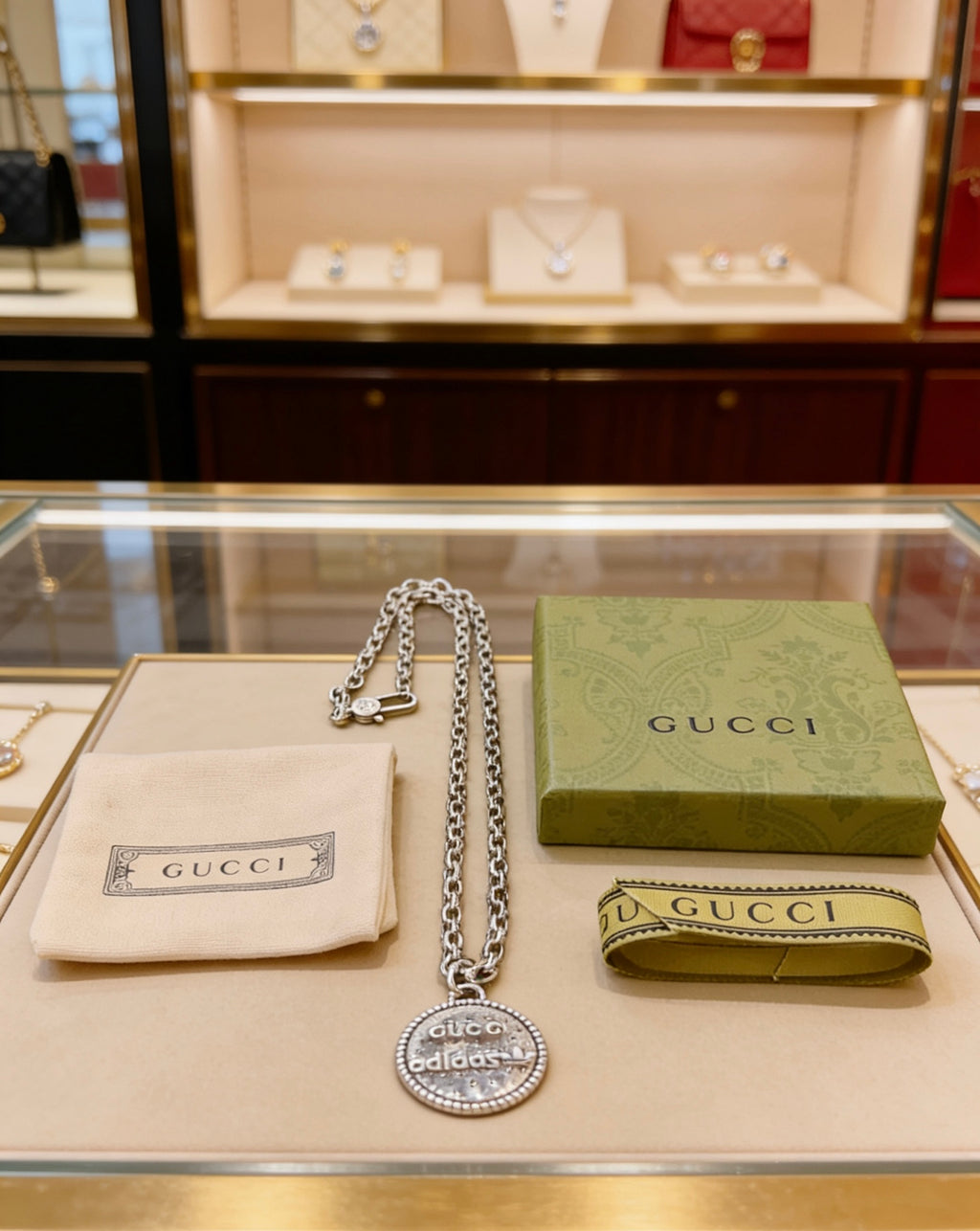 Double-G Emblem Pendant Necklace in Polished Metal-Tone – Vintage Detail – Design 013 styled product view