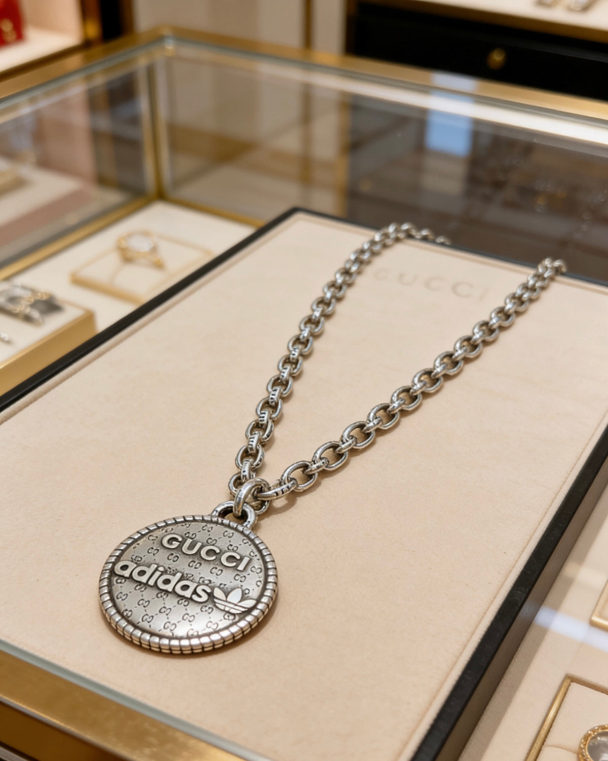 Double-G Emblem Pendant Necklace in Polished Metal-Tone – Vintage Detail – Design 013 front product view