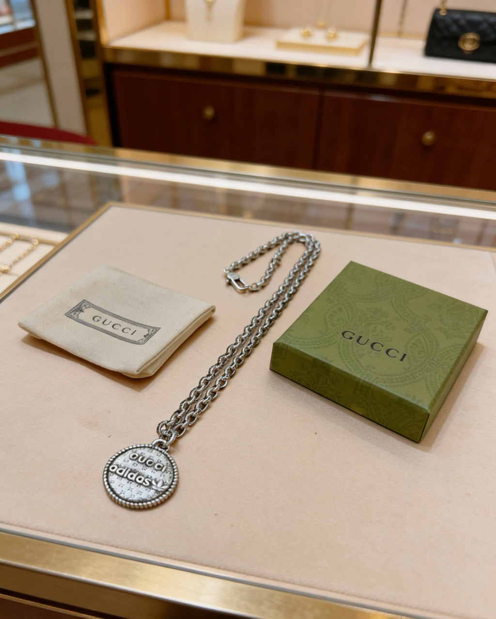 Double-G Emblem Pendant Necklace in Polished Metal-Tone – Vintage Detail – Design 013 front product view