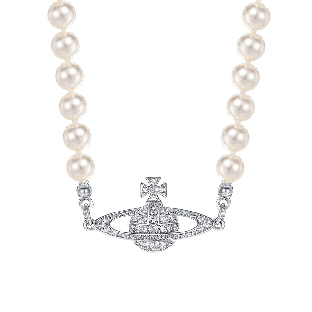 Orb Pendant Necklace in Silver-Tone – Pearl Detail front product view