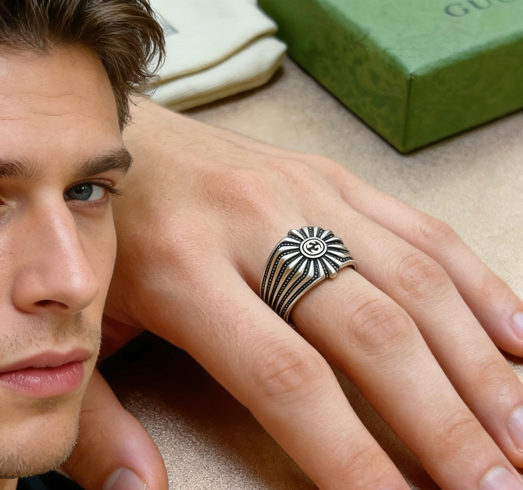 Double-G Emblem Statement Ring in Polished Metal-Tone – Design 004 styled product view