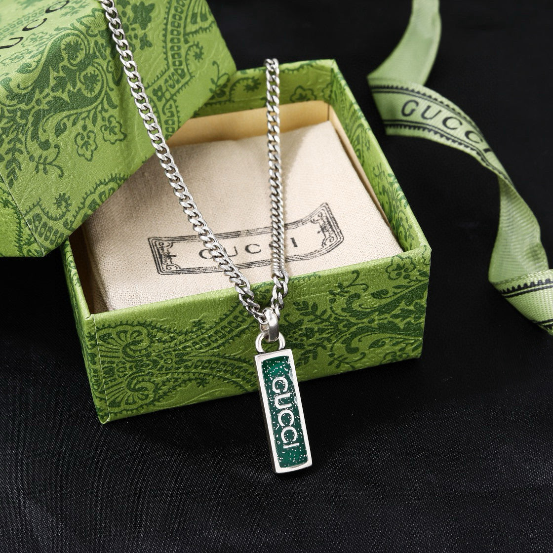Double-G Emblem Pendant Necklace in Polished Metal-Tone – Design 040 side detail