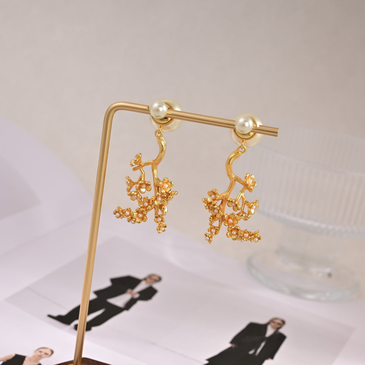 Graphic Letter Motif Statement Earrings in Polished Metal-Tone – Design 015 styled view