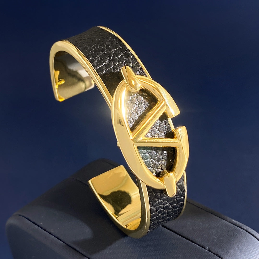 V Emblem Cuff Bracelet in Gold-Tone – Black main product view