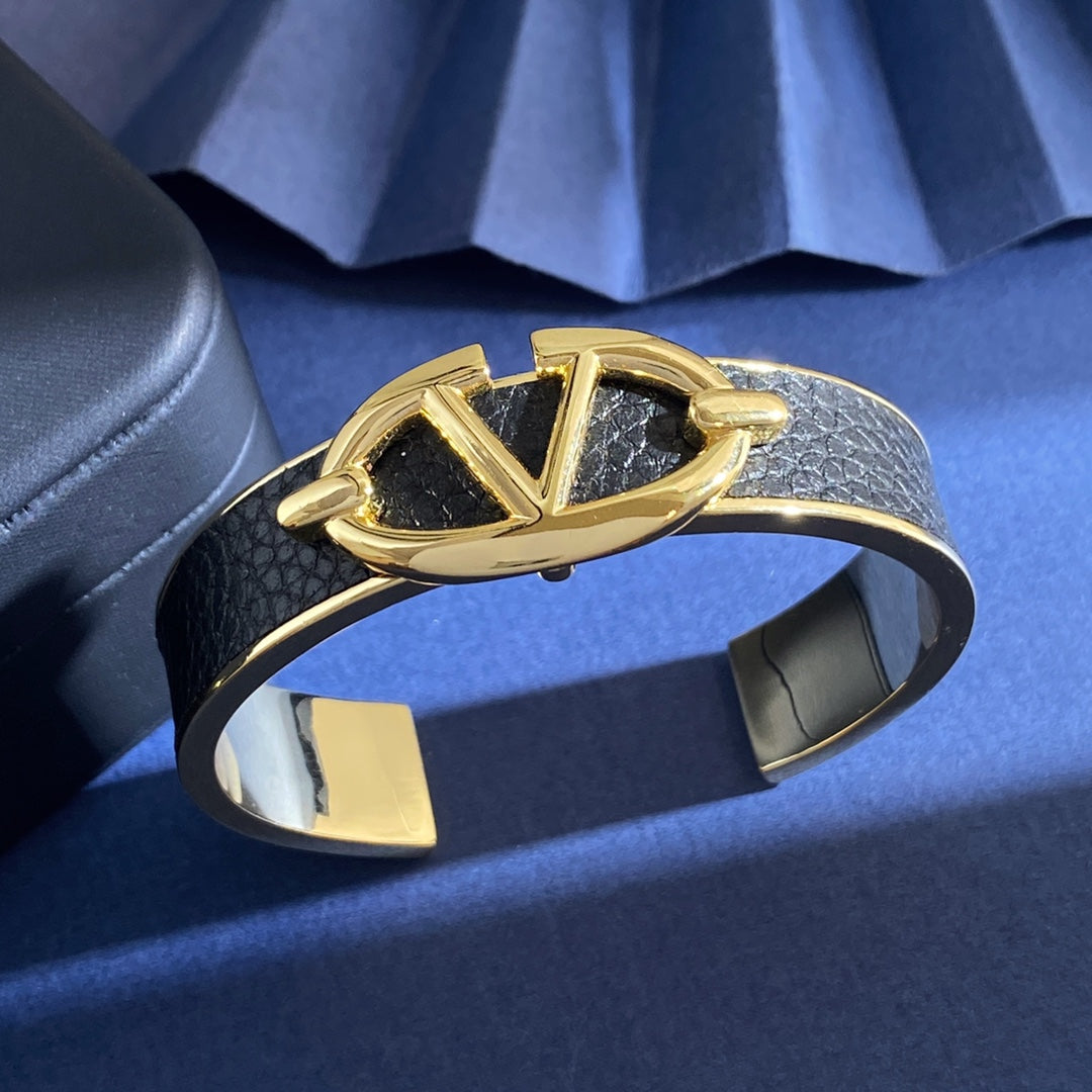 V Emblem Cuff Bracelet in Gold-Tone – Black main product view