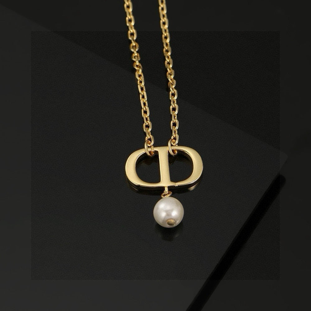 Pearl-Style Motif Pendant Necklace in Polished Metal-Tone with Pearl-Style Detail – Design 006 styled view