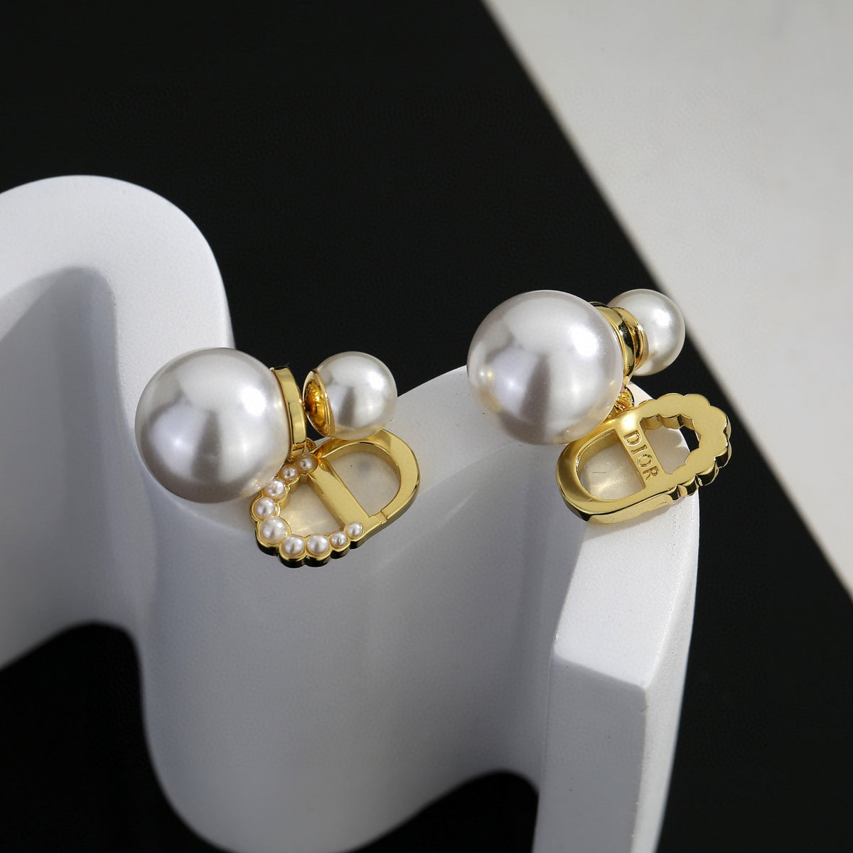Pearl-Style Motif Stud Earrings in Silver-Tone with Pearl-Style Detail – Design 004 styled view