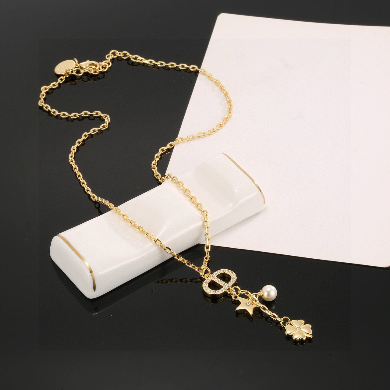 Graphic Letter Motif Pendant Necklace in Polished Metal-Tone with Vintage-Style Finish – Design 002 detail view