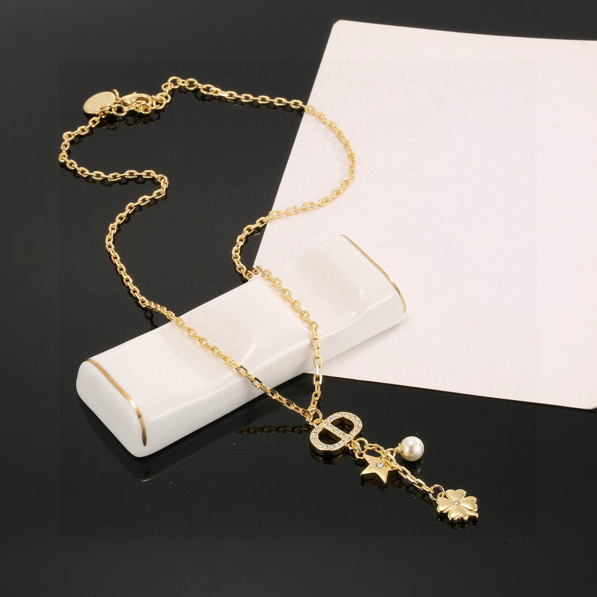 Graphic Letter Motif Pendant Necklace in Polished Metal-Tone with Vintage-Style Finish – Design 002 detail view