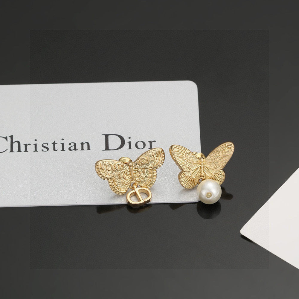 Bow & Butterfly Motif Stud Earrings in Silver-Tone with Asymmetric Detail – Design 003 main product view