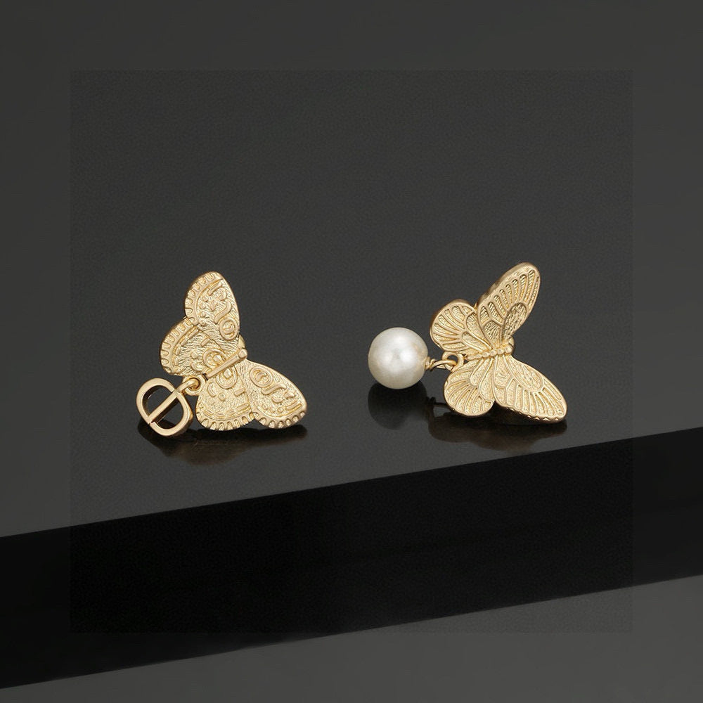 Bow & Butterfly Motif Stud Earrings in Silver-Tone with Asymmetric Detail – Design 003 front view