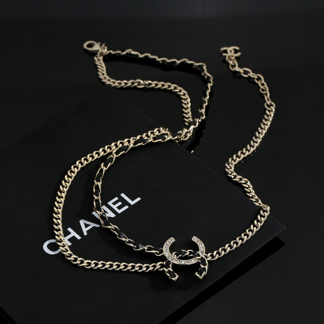 Signature Emblem Pendant Necklace in Gold-Tone – Black Detail – Design 011 front product view