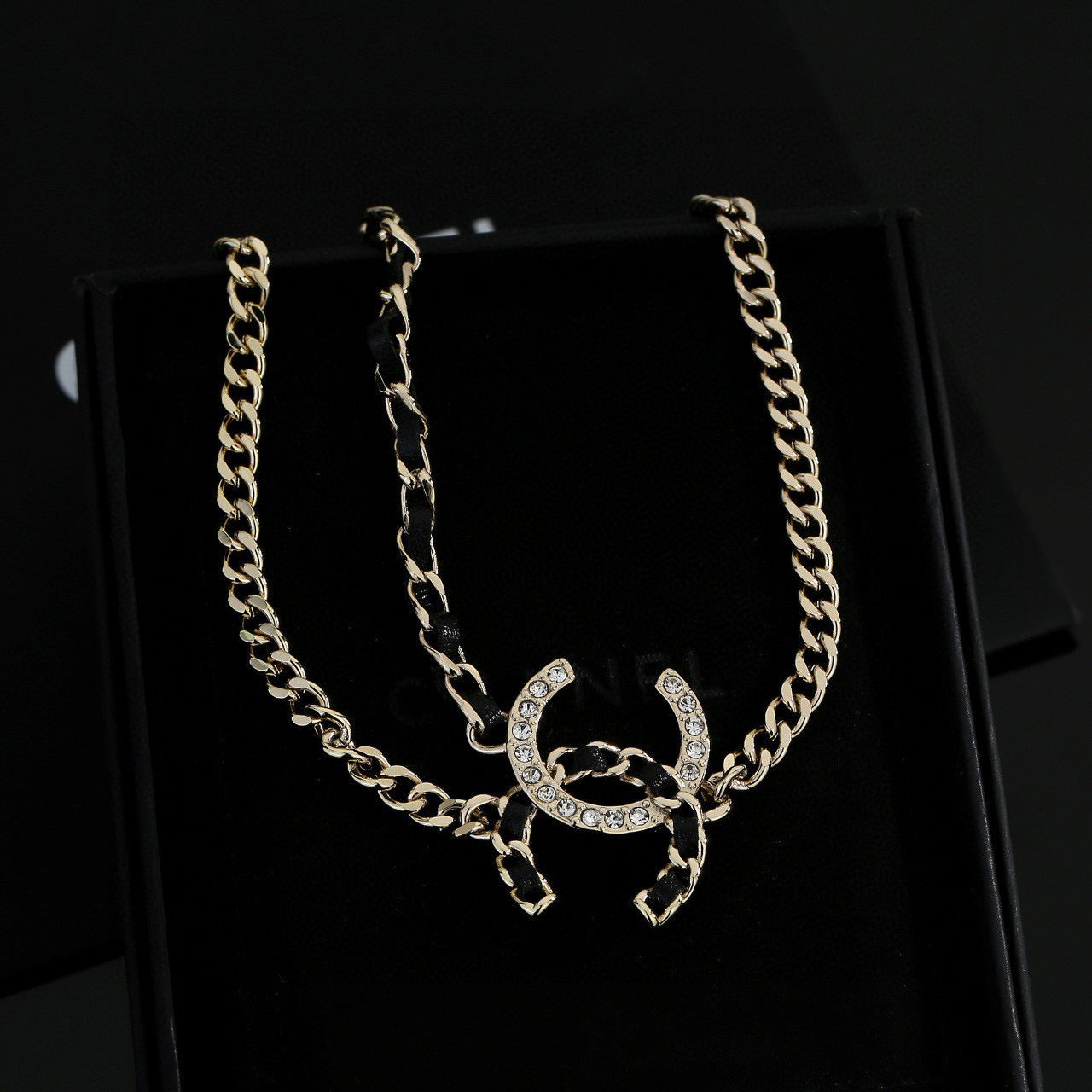 Signature Emblem Pendant Necklace in Gold-Tone – Black Detail – Design 011 close-up detail