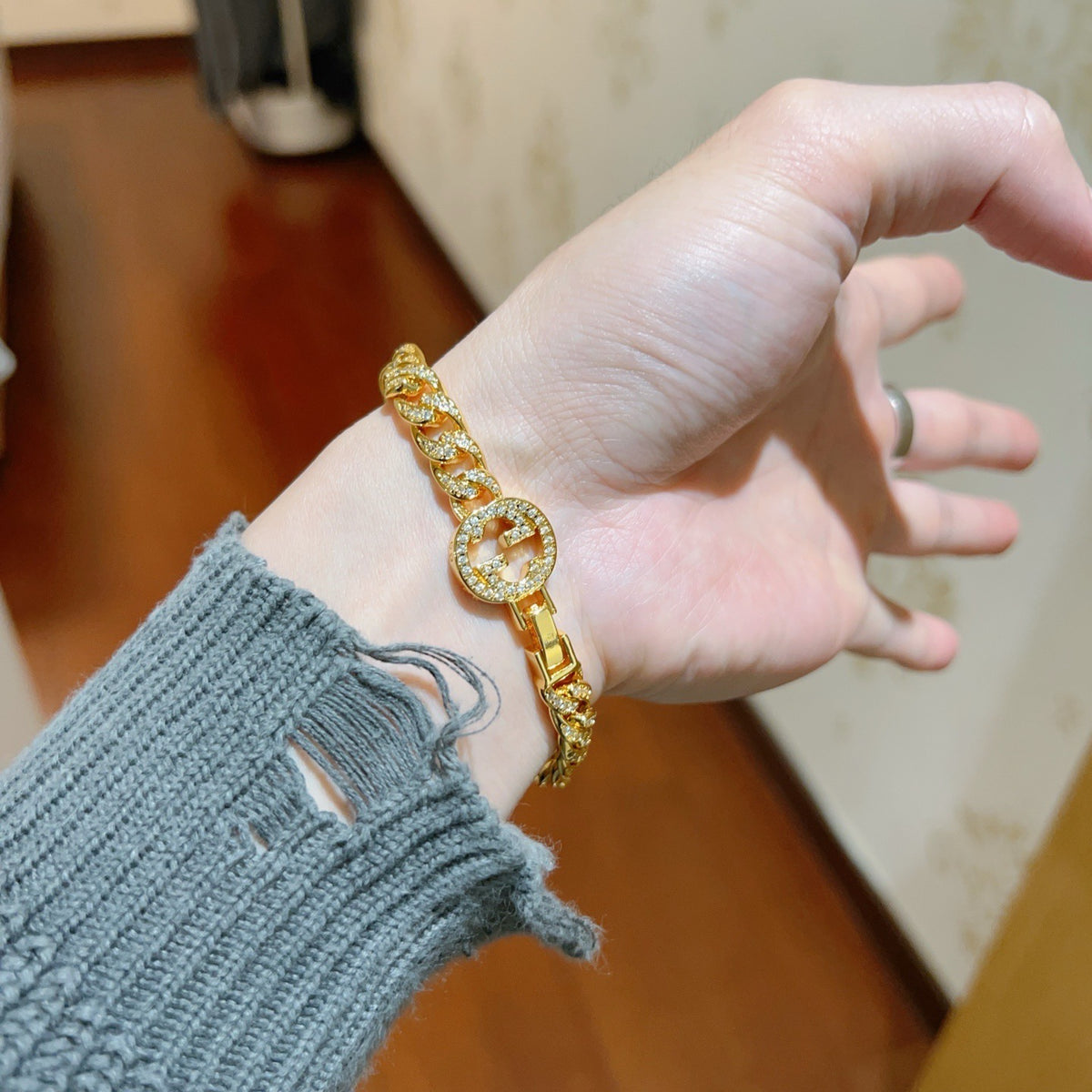 Geometric Emblem Bracelet in Polished Metal-Tone – Design 036 side detail