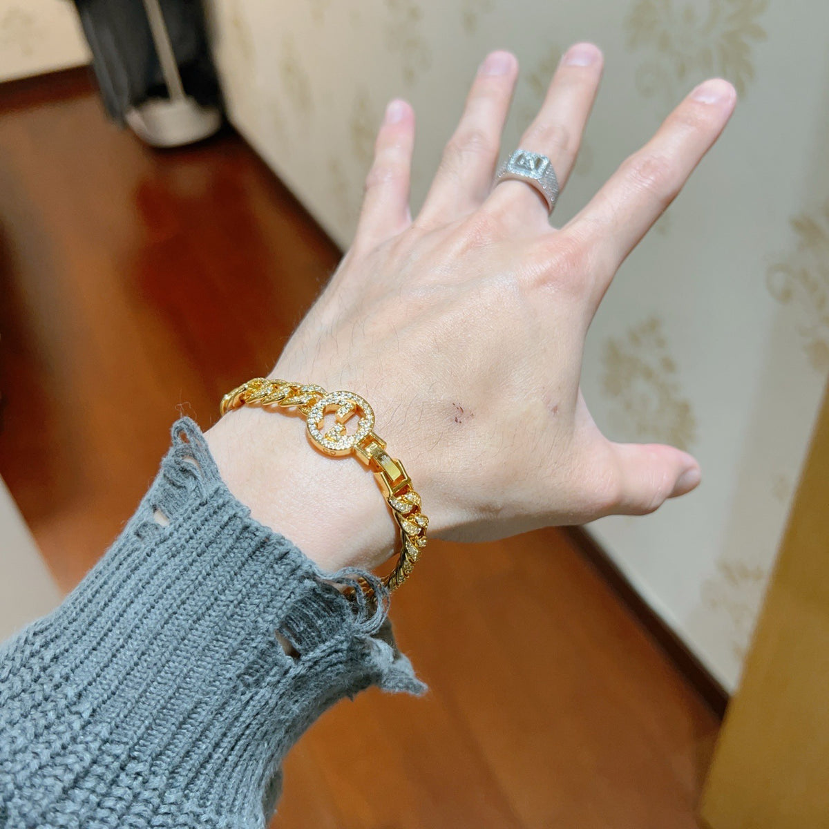 Geometric Emblem Bracelet in Polished Metal-Tone – Design 036 detail view