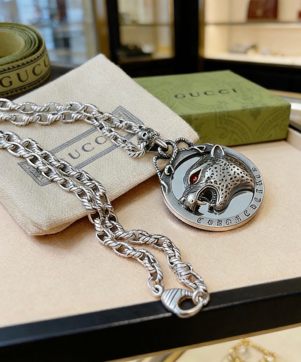 Double-G Emblem Pendant Necklace in Polished Metal-Tone – Vintage Detail – Design 019 main product view