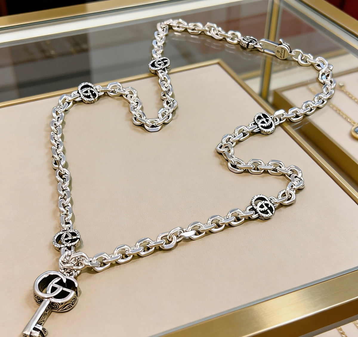 Double-G Emblem Pendant Necklace in Polished Metal-Tone – Design 076 main product view