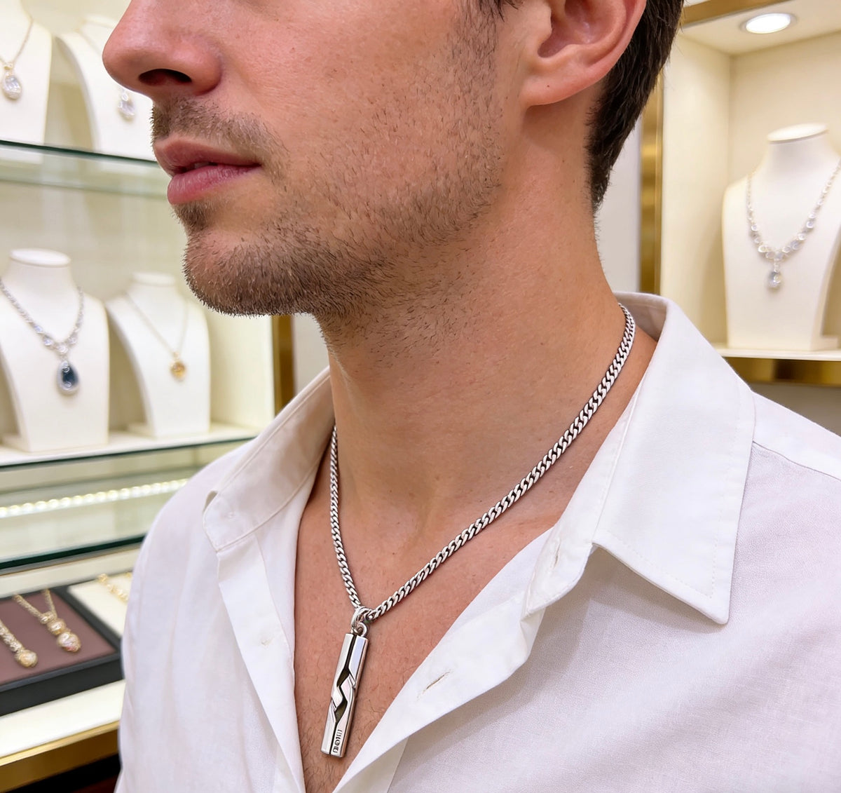 Double-G Emblem Pendant Necklace in Silver-Tone – Vintage Detail – Design 011 styled product view
