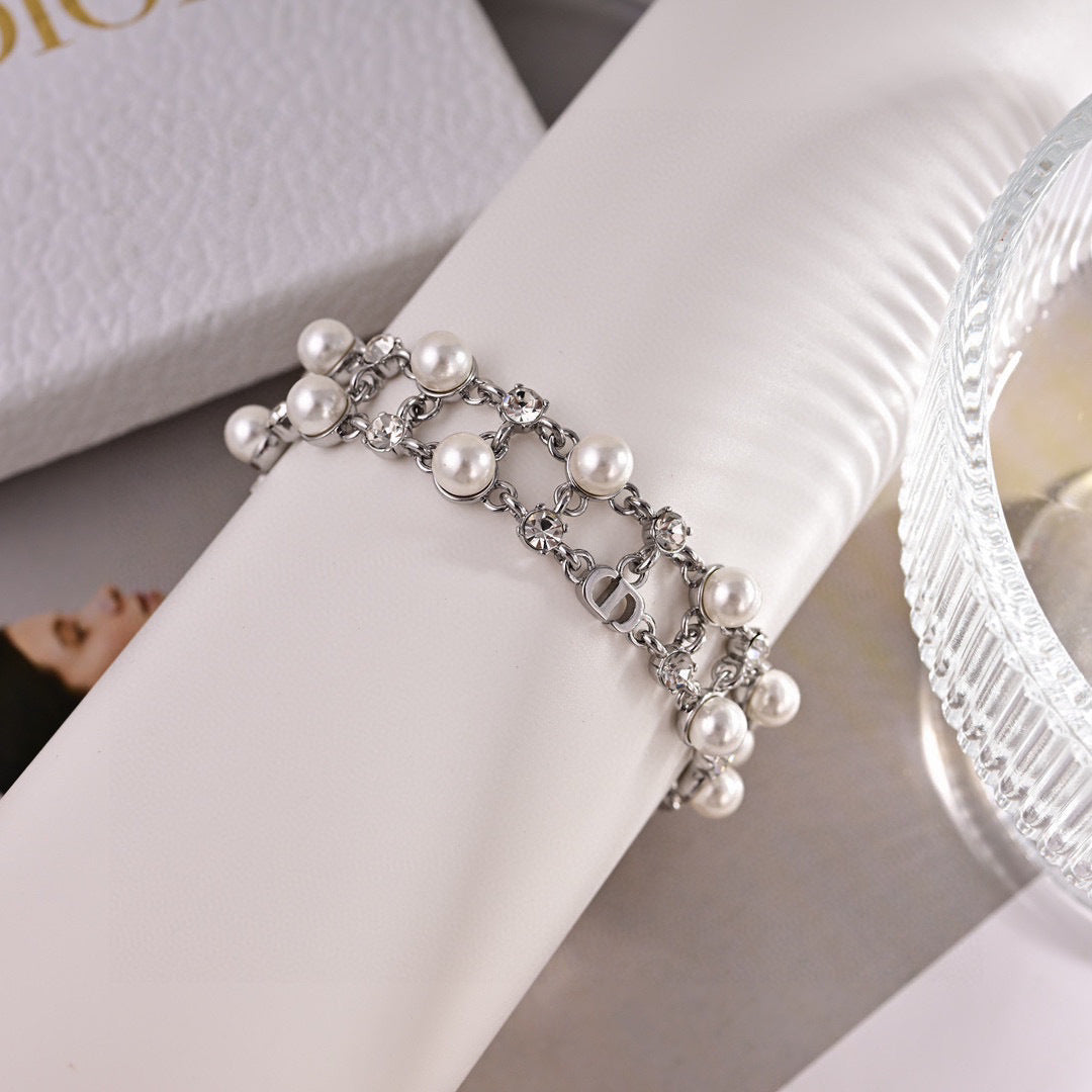 Pearl-Style Motif Statement Bracelet in Polished Metal-Tone with Pearl-Style Detail – Design 003 styled view