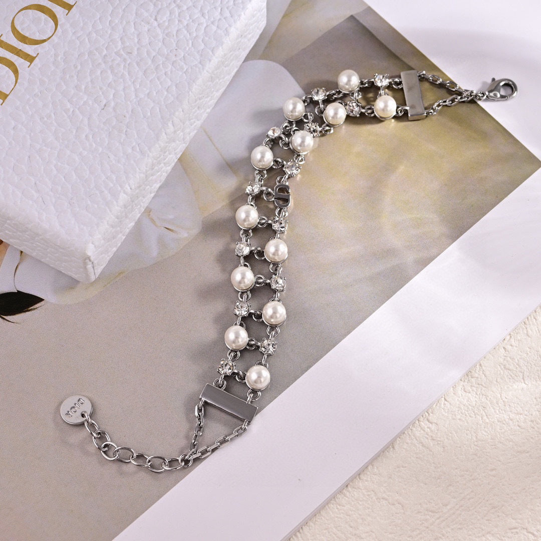 Pearl-Style Motif Statement Bracelet in Polished Metal-Tone with Pearl-Style Detail – Design 003 main product view