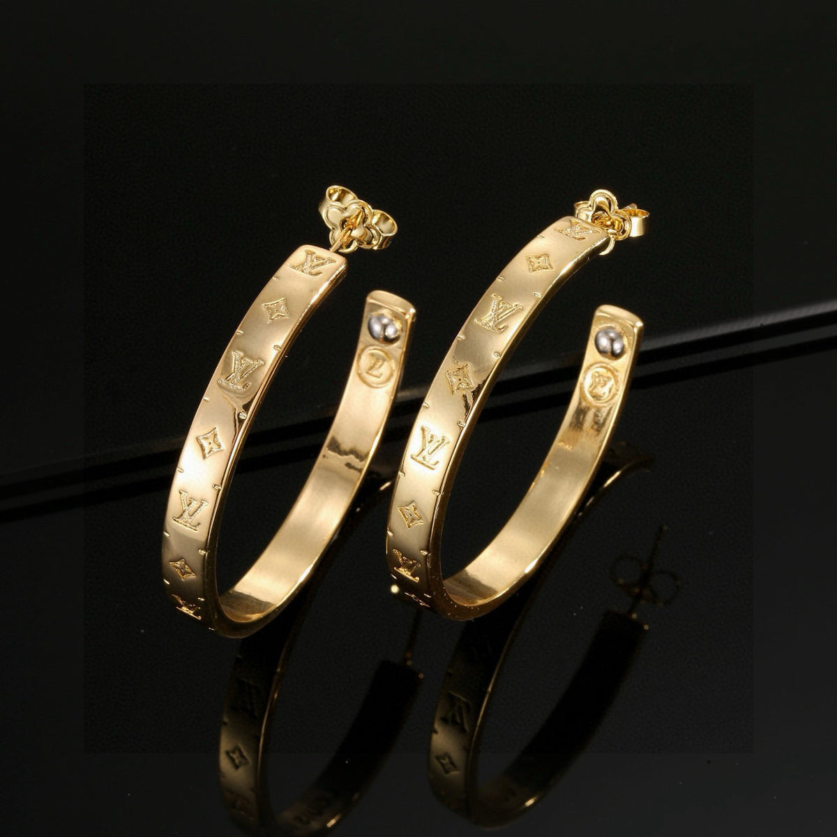 Letter Emblem Stud Earrings in Polished Metal-Tone – Design 012 side detail