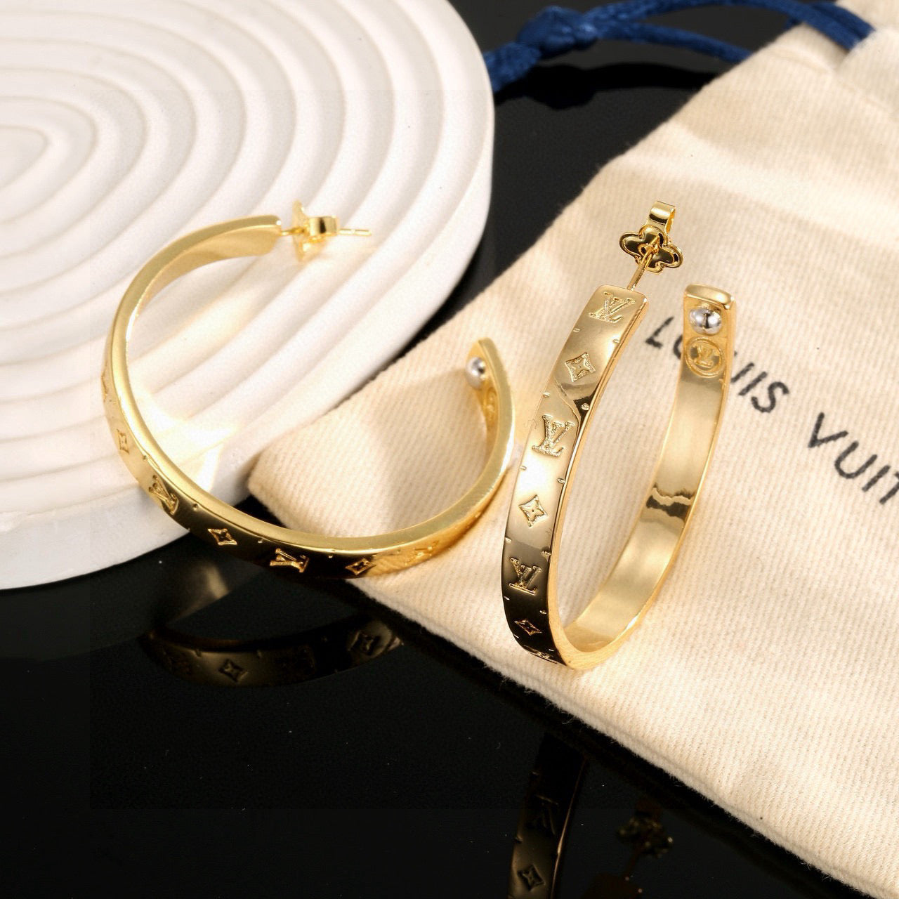 Letter Emblem Stud Earrings in Polished Metal-Tone – Design 012 detail view