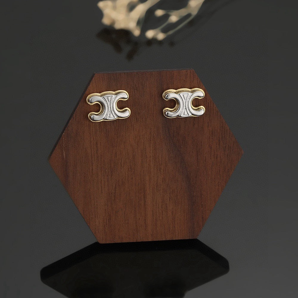 Triomphe-Inspired Emblem Stud Earrings in Polished Metal-Tone – Design 02 close-up view