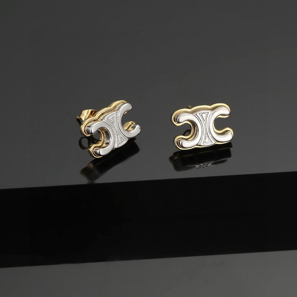 Triomphe-Inspired Emblem Stud Earrings in Polished Metal-Tone – Design 02 front view
