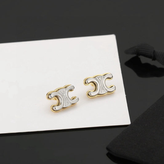 Triomphe-Inspired Emblem Stud Earrings in Polished Metal-Tone – Design 02 main product view