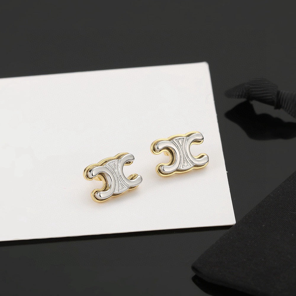 Triomphe-Inspired Emblem Stud Earrings in Polished Metal-Tone – Design 02 main product view