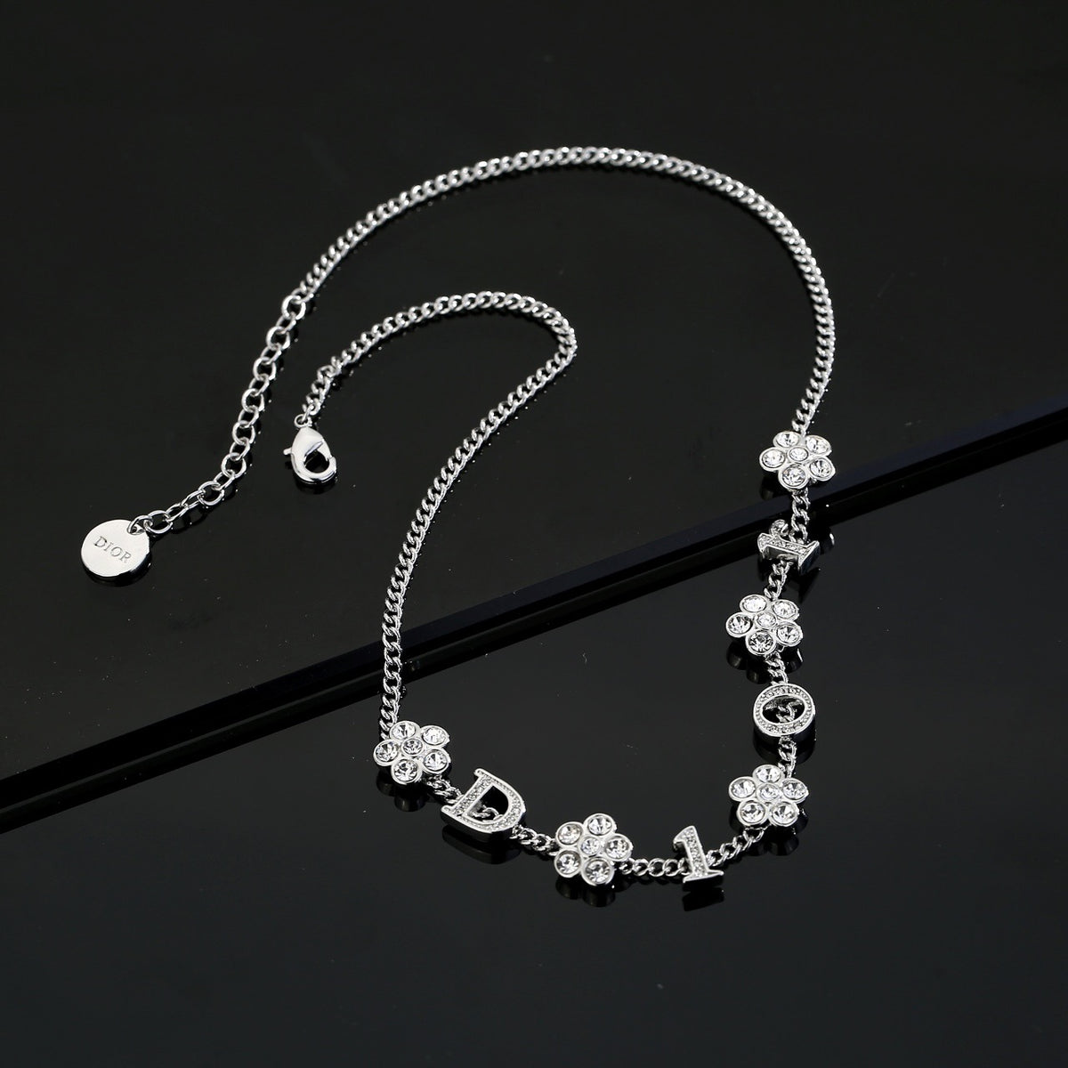 Floral Motif Pendant Necklace in Polished Metal-Tone with Crystal-Style Accents – Design 002 close-up detail