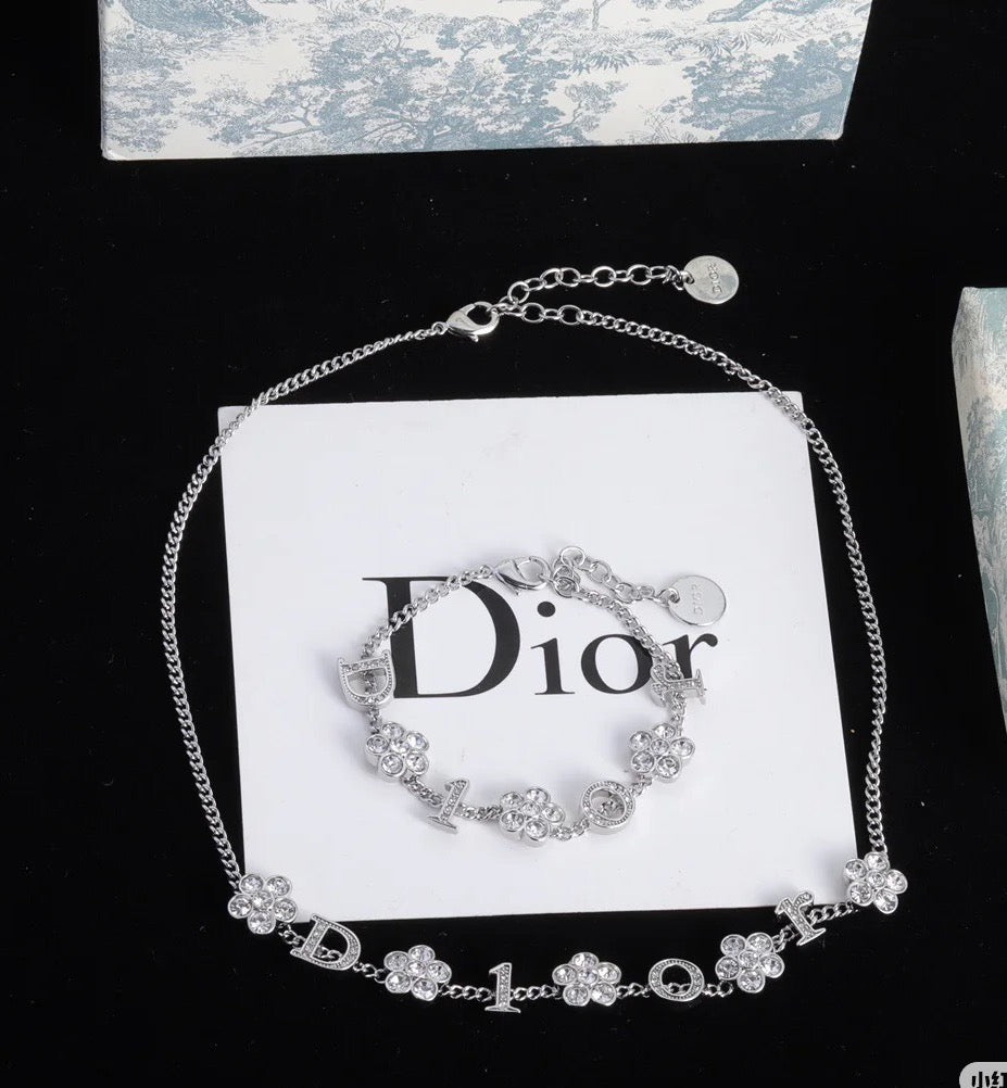 Floral Motif Pendant Necklace in Polished Metal-Tone with Crystal-Style Accents – Design 002 main product view
