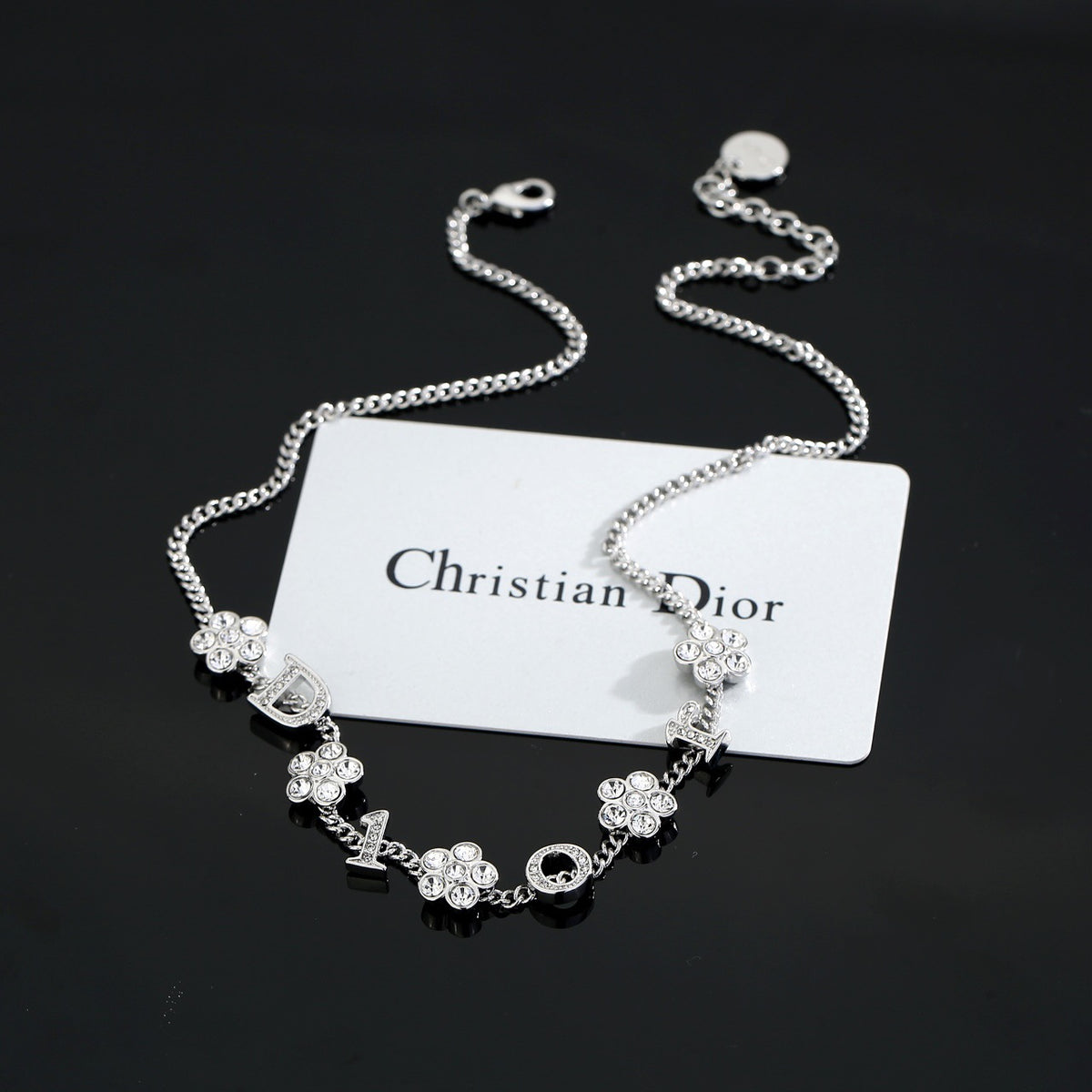 Floral Motif Pendant Necklace in Polished Metal-Tone with Crystal-Style Accents – Design 002 side detail
