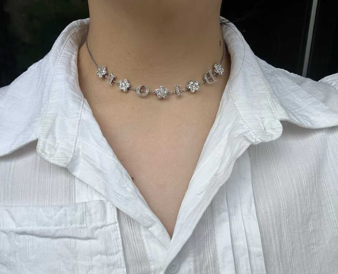 Floral Motif Pendant Necklace in Polished Metal-Tone with Crystal-Style Accents – Design 002 main product view