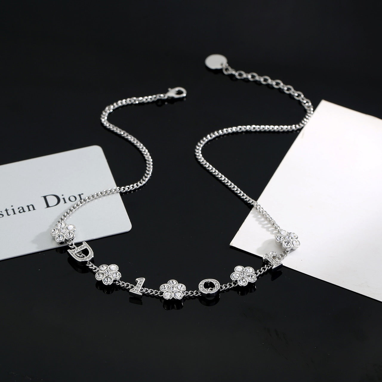 Floral Motif Pendant Necklace in Polished Metal-Tone with Crystal-Style Accents – Design 002 front view