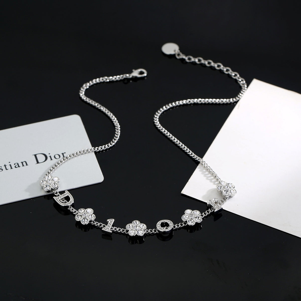 Floral Motif Pendant Necklace in Polished Metal-Tone with Crystal-Style Accents – Design 002 front view