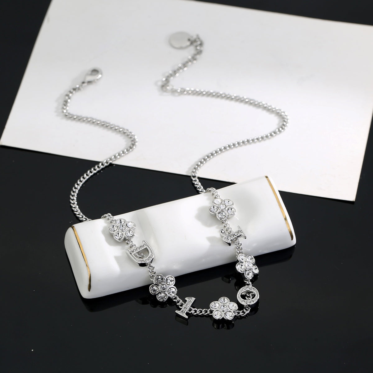 Floral Motif Pendant Necklace in Polished Metal-Tone with Crystal-Style Accents – Design 002 detail view